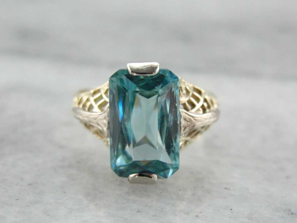 Blue Zircon Cocktail Ring in Two Tone Gold Filigr… - image 2