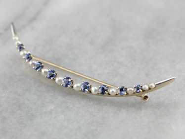 Vintage Sapphire and Pearl Crescent Moon Brooch - image 1