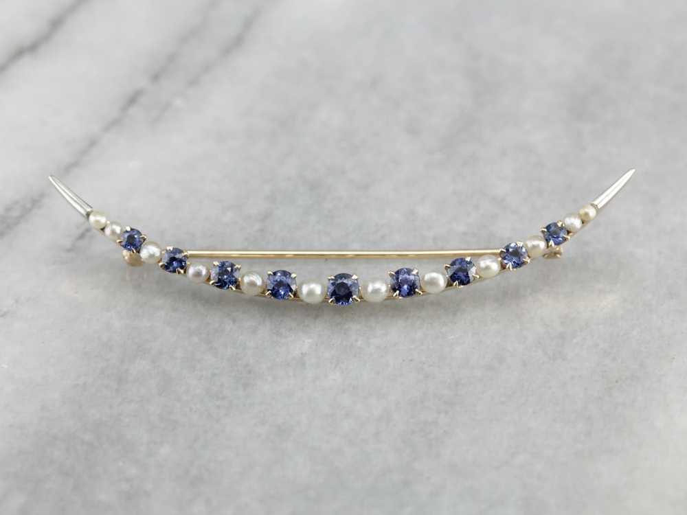 Vintage Sapphire and Pearl Crescent Moon Brooch - image 2