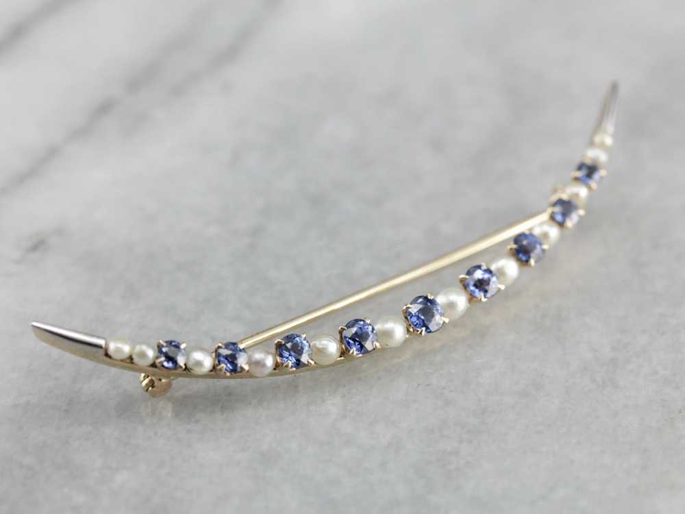 Vintage Sapphire and Pearl Crescent Moon Brooch - image 3