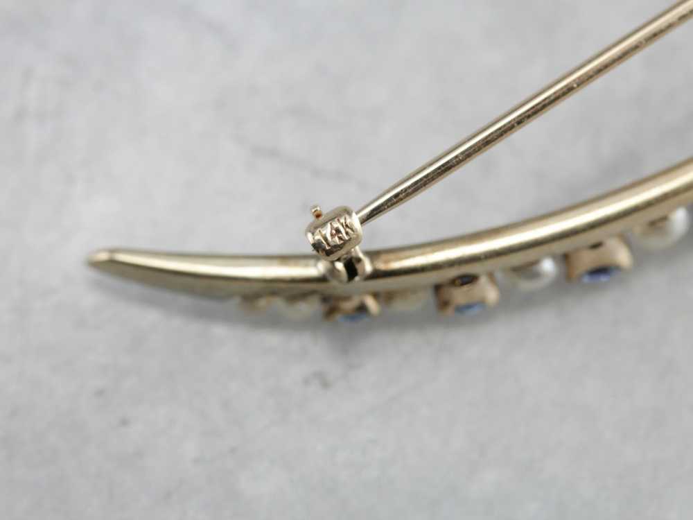 Vintage Sapphire and Pearl Crescent Moon Brooch - image 4