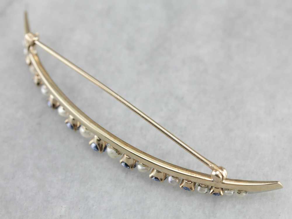 Vintage Sapphire and Pearl Crescent Moon Brooch - image 5
