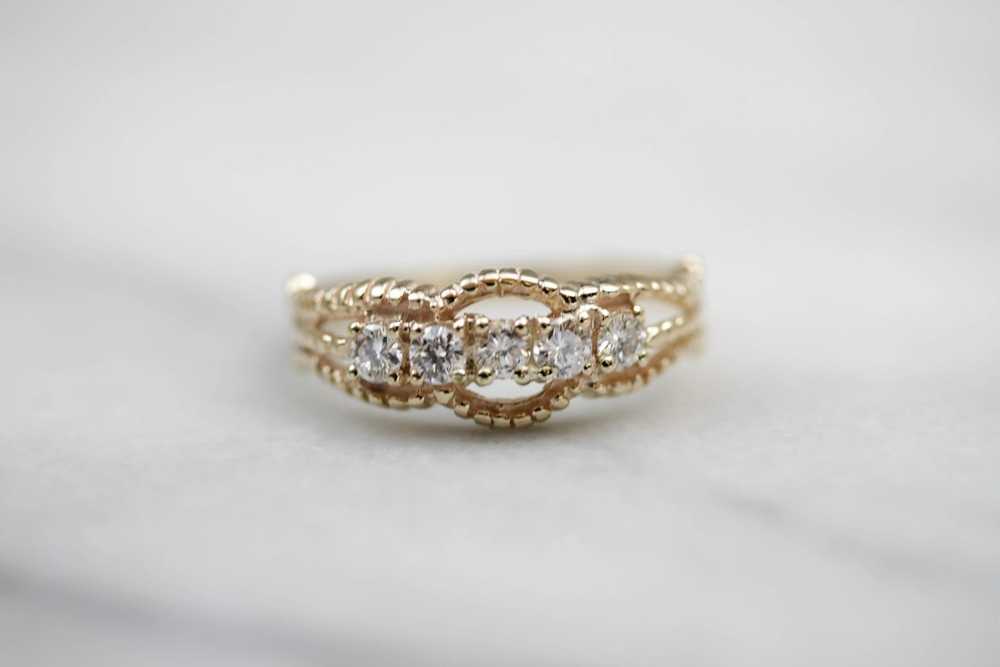 Five Diamond Gold Ring with Twist Details - image 1