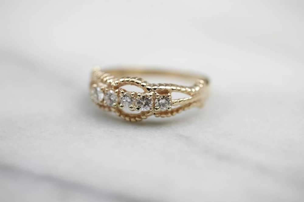 Five Diamond Gold Ring with Twist Details - image 2