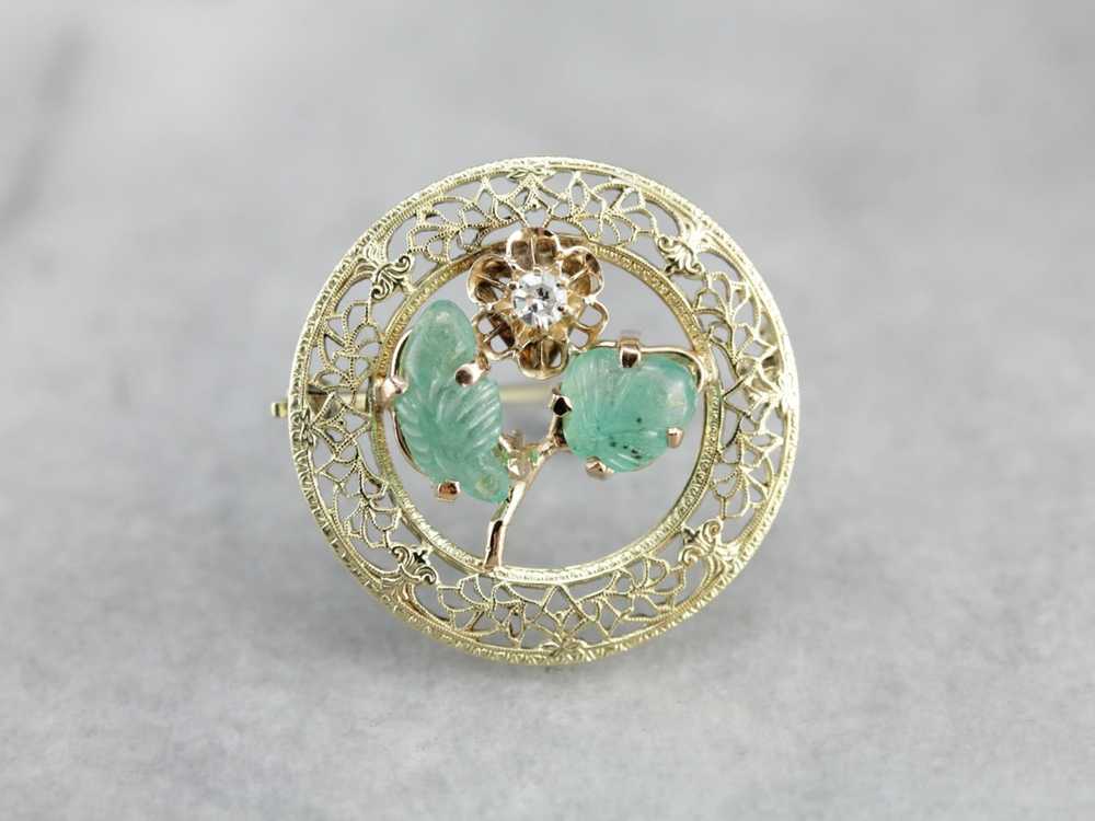 Floral Diamond and Emerald Gold Filigree Brooch - image 1