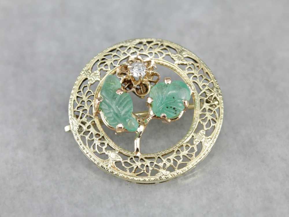 Floral Diamond and Emerald Gold Filigree Brooch - image 2