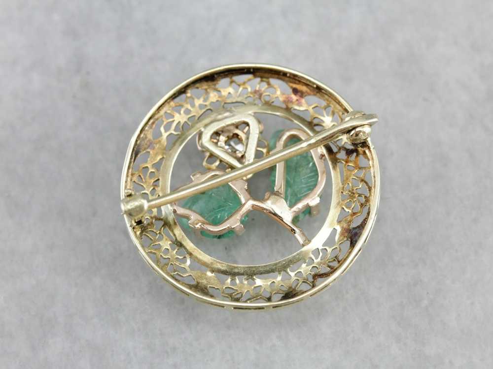 Floral Diamond and Emerald Gold Filigree Brooch - image 3