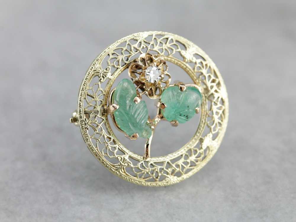 Floral Diamond and Emerald Gold Filigree Brooch - image 4