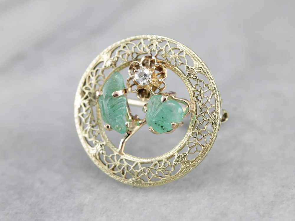 Floral Diamond and Emerald Gold Filigree Brooch - image 5