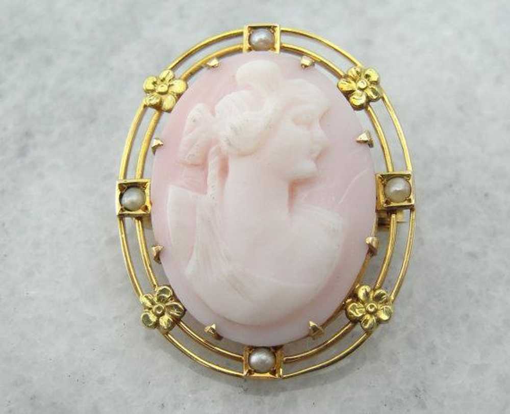 Yellow Gold and Pink Shell Cameo Pin with Seed Pe… - image 1
