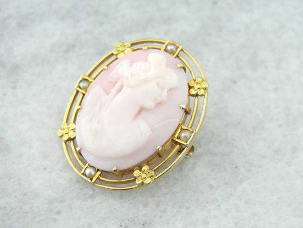 Yellow Gold and Pink Shell Cameo Pin with Seed Pe… - image 2