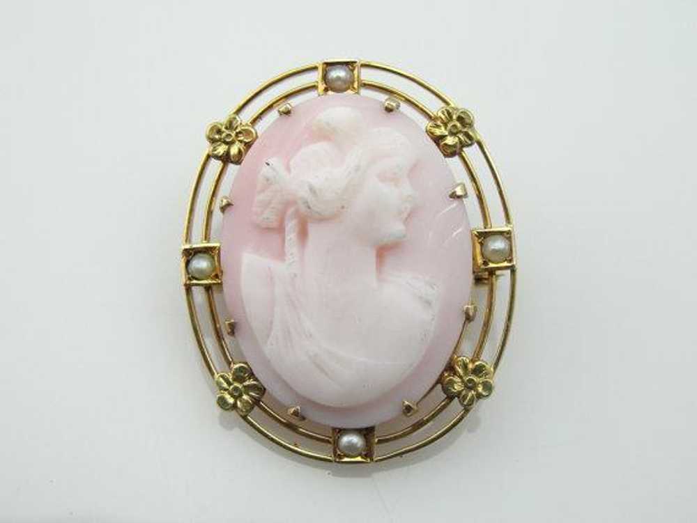 Yellow Gold and Pink Shell Cameo Pin with Seed Pe… - image 3