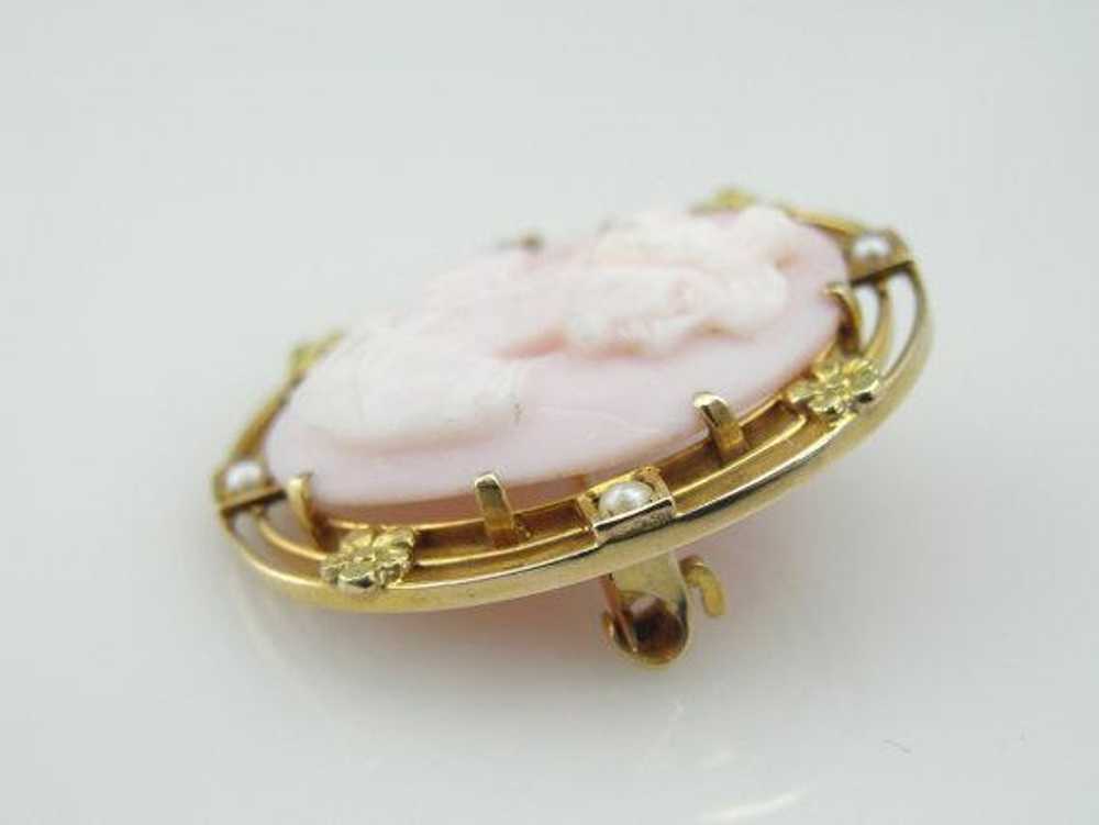 Yellow Gold and Pink Shell Cameo Pin with Seed Pe… - image 4
