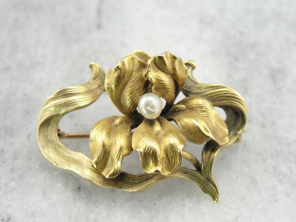 Art Nouveau Frilled Iris Gold Pin with Pearl Cent… - image 1