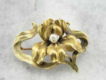 Art Nouveau Frilled Iris Gold Pin with Pearl Cent… - image 1