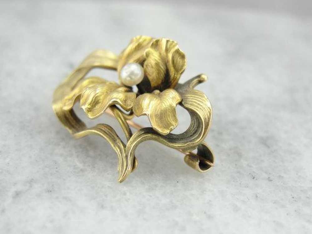 Art Nouveau Frilled Iris Gold Pin with Pearl Cent… - image 3