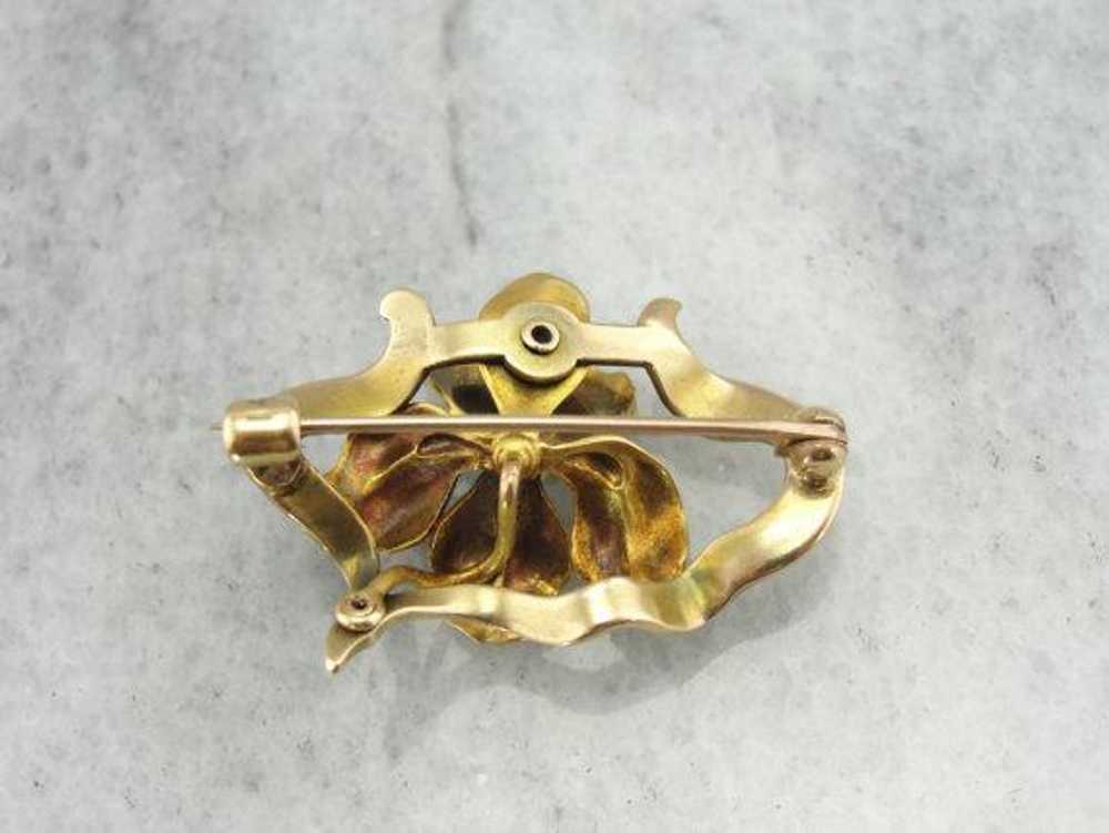 Art Nouveau Frilled Iris Gold Pin with Pearl Cent… - image 4