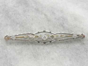 Art Deco Diamond White Gold Filigree Bar Pin - image 1