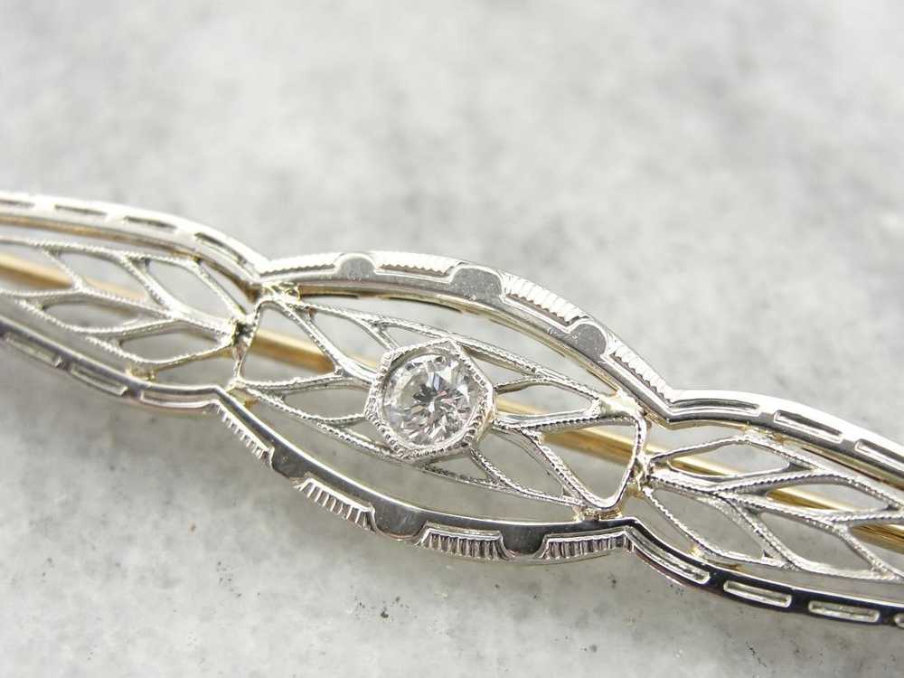 Art Deco Diamond White Gold Filigree Bar Pin - image 3