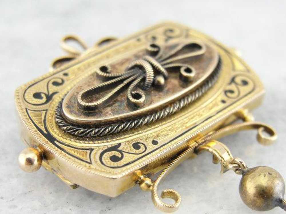Victorian Black Enamel Gold Brooch - image 2