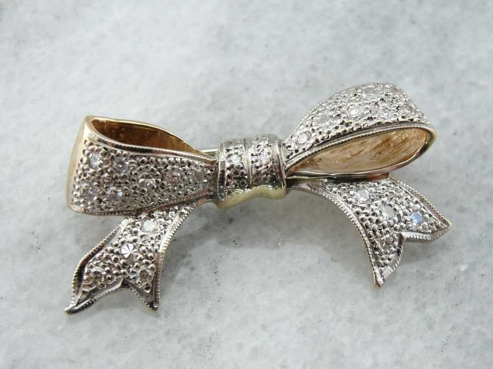 Sweet Vintage Diamond Studded Bow Brooch - image 1