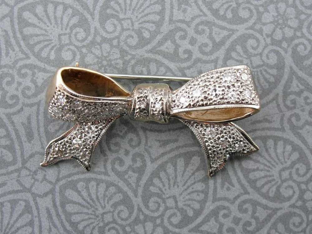 Sweet Vintage Diamond Studded Bow Brooch - image 4