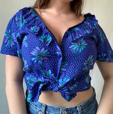 1990s Daisy Print Ruffle Blouse