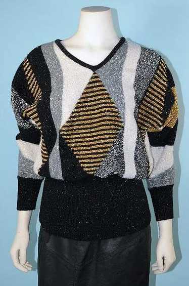 Vintage 70s Sparkle Party Sweater, V Neck Batwing 