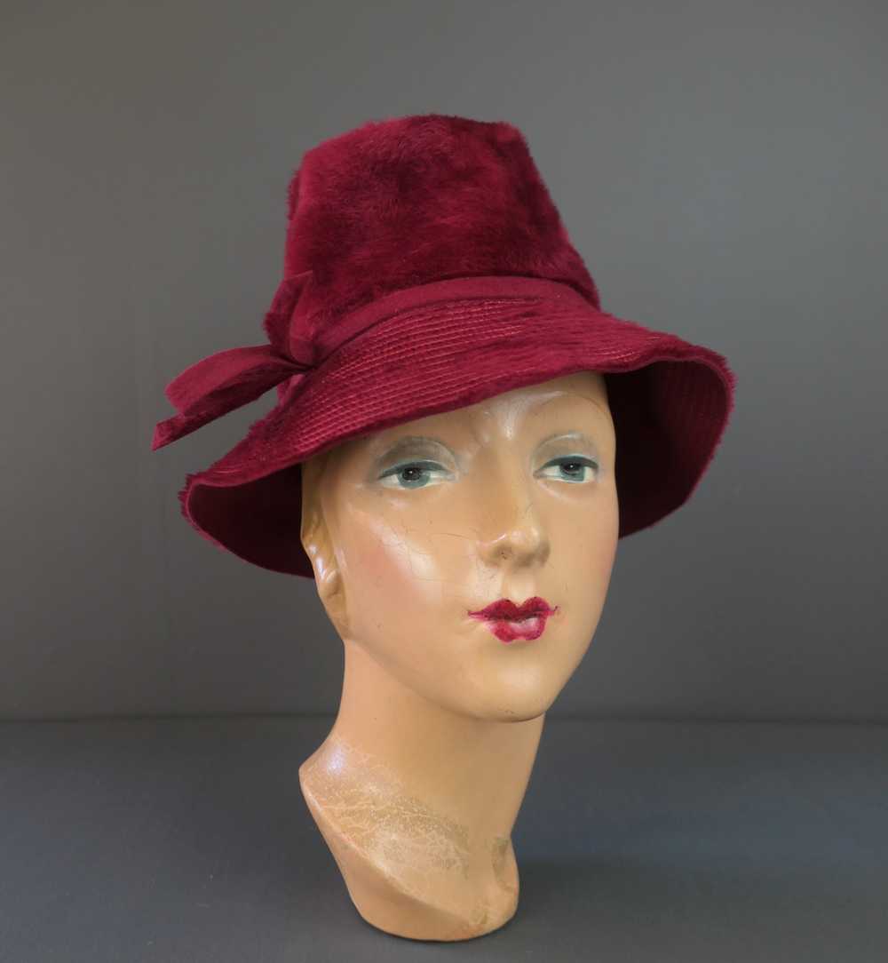 Vintage Dark Red Plush Hat 1960s fits 21 inch hea… - image 2