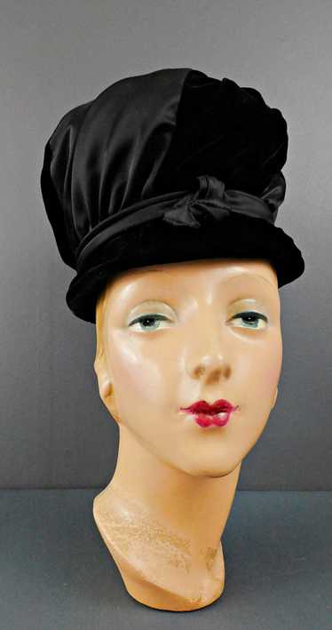 Vintage Black Velvet & Satin Hat 1960s, 21 inch h… - image 1