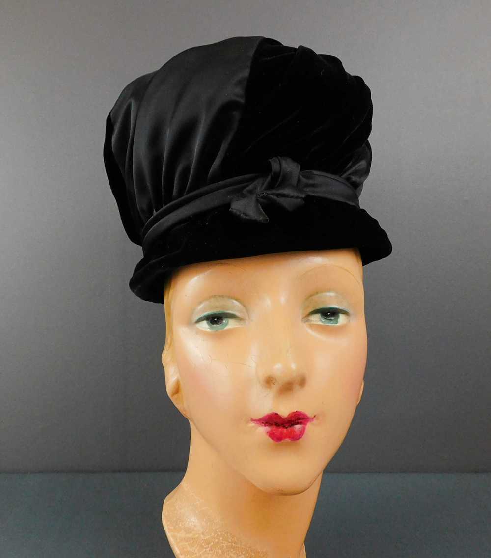 Vintage Black Velvet & Satin Hat 1960s, 21 inch h… - image 2