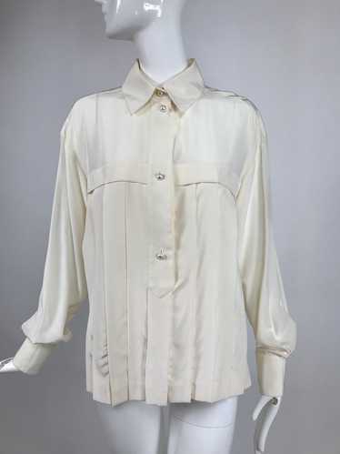 Chanel Off White Silk Pleated Long Sleeve Blouse