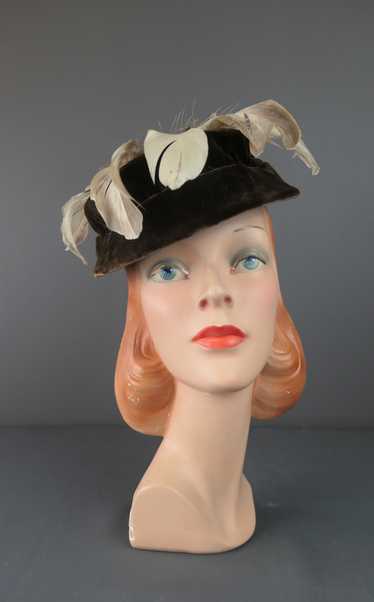 Vintage Brown Velvet and Feathers Hat, 1950s Eveni