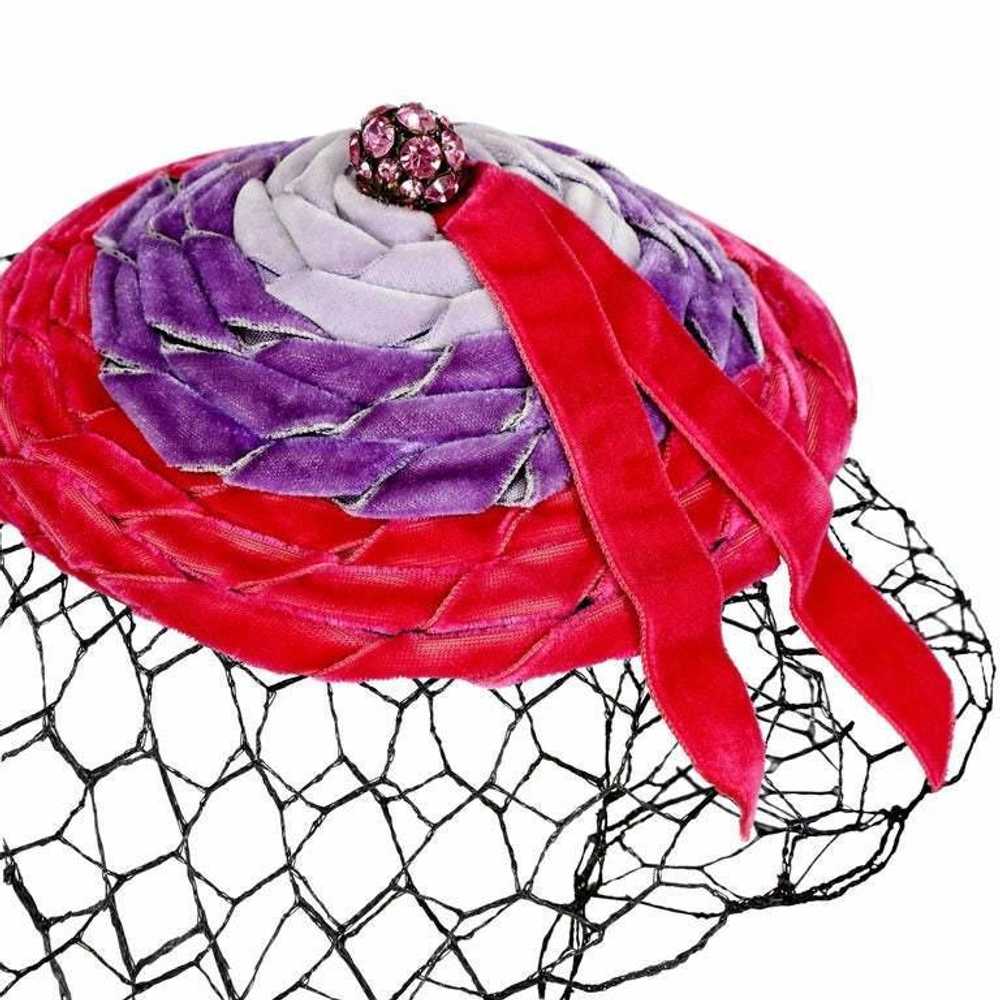 1950s Pink & Purple Ribbonwork Veiled Hat Topper - image 5