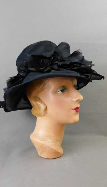 Vintage Sheer Black Organdy Hat with Wide Brim, 2… - image 1