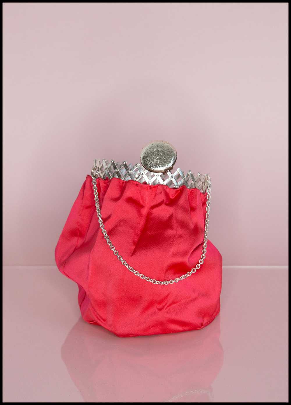 Vintage 1950s Shocking Pink Satin Evening Bag - image 3