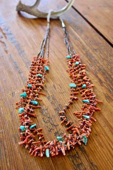 Old Pawn Navajo Made Five Strand Coral and Turquoi
