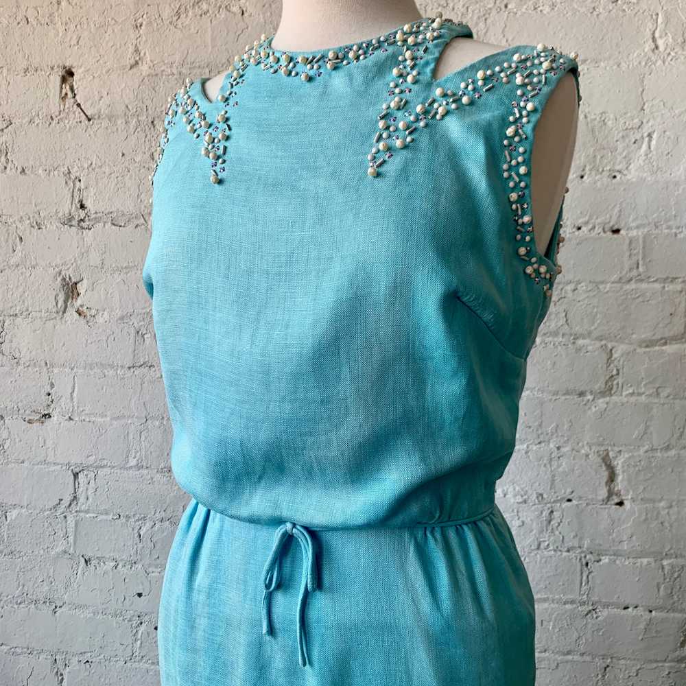 1950s-1960s Linen Wiggle Dress In Robin Egg Blue - image 1