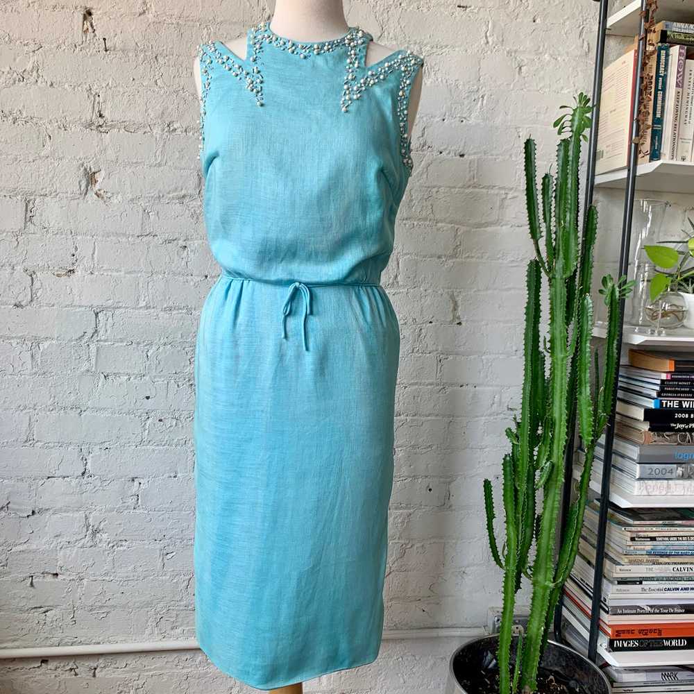 1950s-1960s Linen Wiggle Dress In Robin Egg Blue - image 2