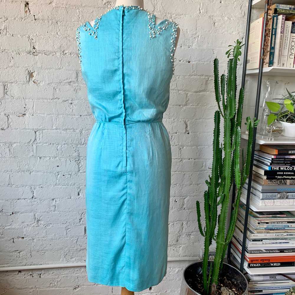 1950s-1960s Linen Wiggle Dress In Robin Egg Blue - image 5