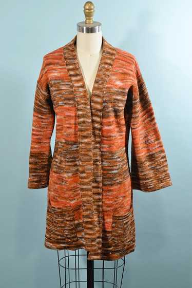 Vintage 70s Orange Boho Cardigan Tunic Sweater, S… - image 1