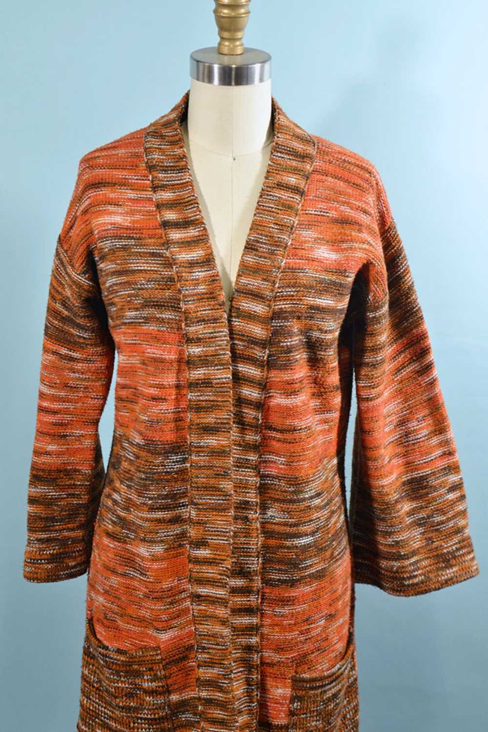 Vintage 70s Orange Boho Cardigan Tunic Sweater, S… - image 2