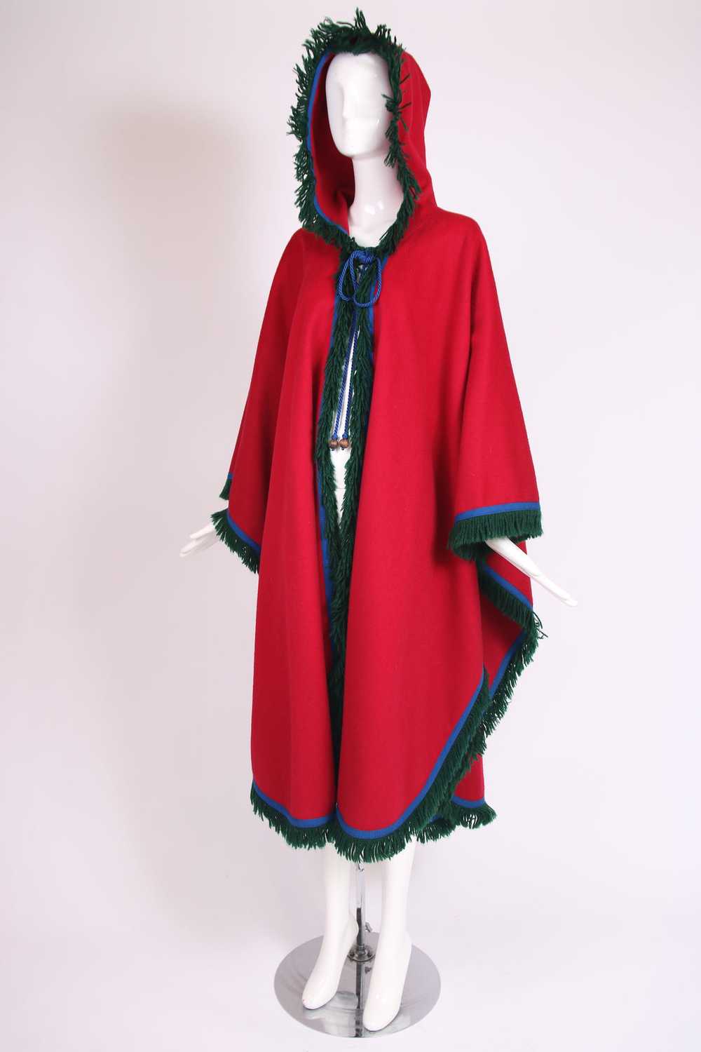 Yves Saint Laurent Red Hooded Wool Cape w/Fringe … - image 2