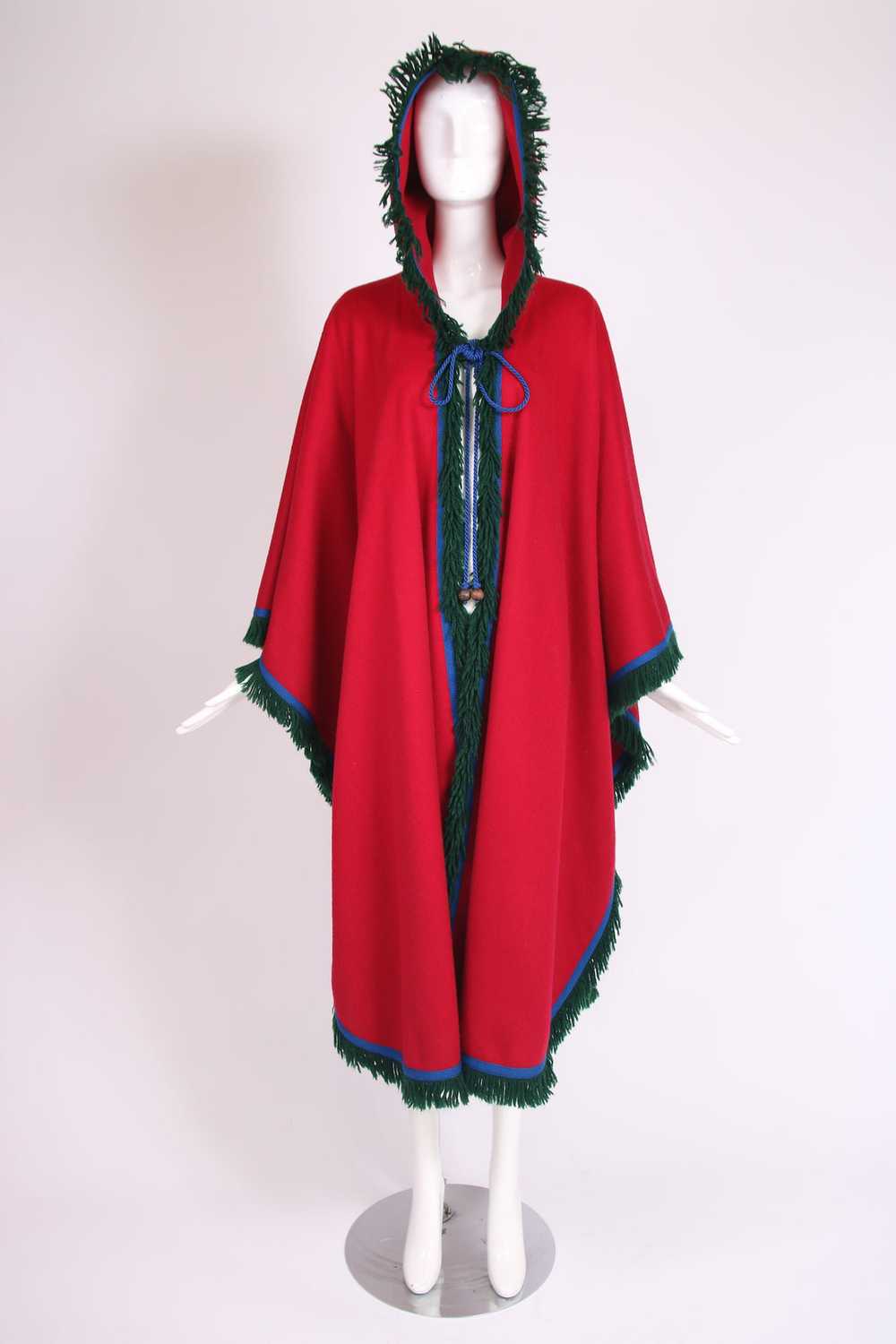 Yves Saint Laurent Red Hooded Wool Cape w/Fringe … - image 4
