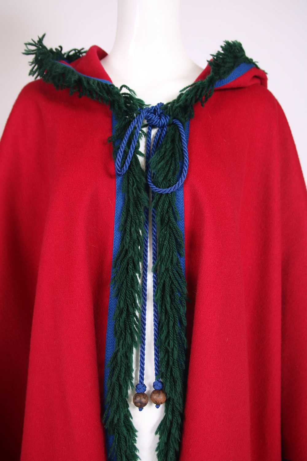 Yves Saint Laurent Red Hooded Wool Cape w/Fringe … - image 5