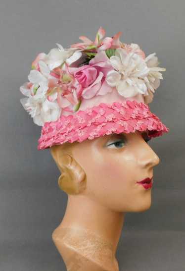 Vintage Pink Straw and White Floral Hat 1960s, Buc