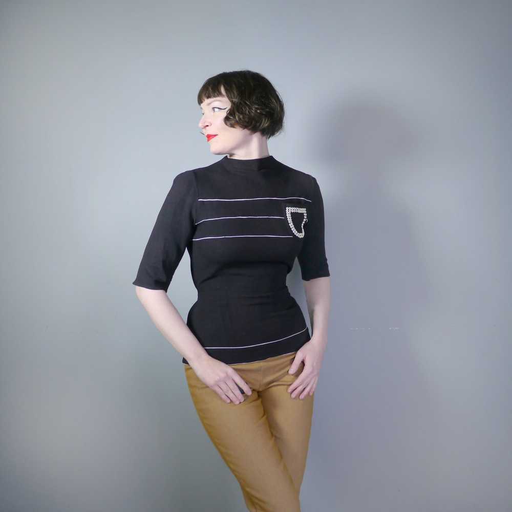 40s BLACK CREPE BLOUSE WITH WHITE PIPING AND STUD… - image 1