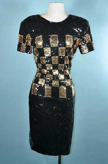 Vintage 90s Tadashi Sexy Black + Gold Sequin Party