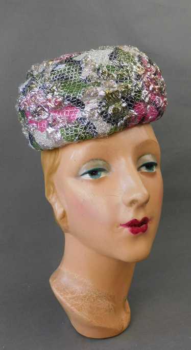 Vintage Silver & Pink Brocade Hat 1960s, 21 inch h