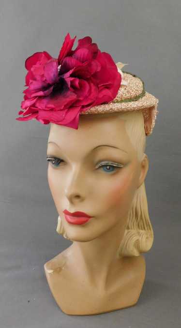 Vintage Pink Straw Floral Topper Hat 1950s, G. Ho… - image 1